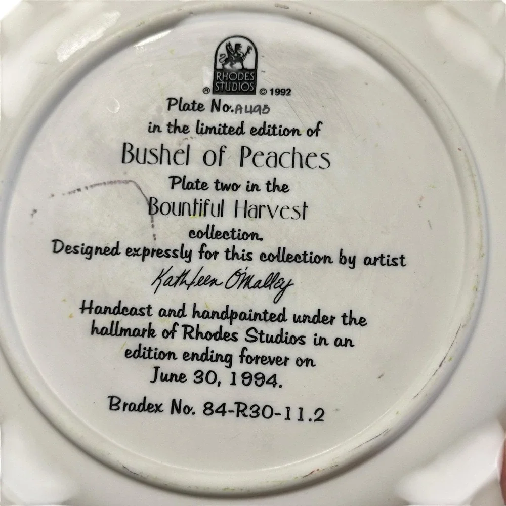 Rhodes Plate Bountiful Harvest Basket Full Of Apples & Peaches 3D Kathy O'Malley